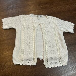 Vintage Women’s Cream Lace Knit Short Sleeve Cardigan Size Large (14-16)